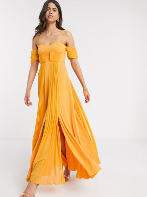 Asos Design Cup Detail Bardot Detail Chiffon Overlay Pleated Maxi Dress In Golden Yellow
