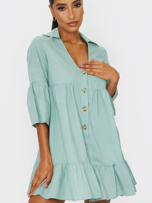 Sage Green Button Front Tiered Smock Dress