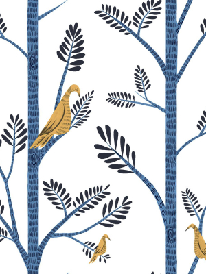 Aviary Branch Peel & Stick Wallpaper In Blue And Yellow From The Risky Business Iii Collection By York Wallcoverings