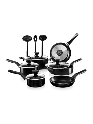 Nutrichef Aluminum Nonstick Cooking Kitchen Cookware Pots And Pan Set With Lids And Utensils, 13 Piece Set, Black