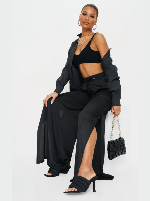 Black Satin Wide Leg Split Hem Pants