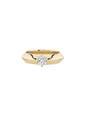 Wide Knife Edge Solitaire Round Diamond Ring - Yellow Gold