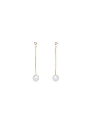 14k Diamond & Pearl Long Bar Earrings