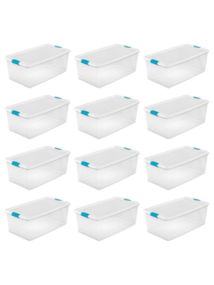 Sterilite 106 Quart Clear Plastic Latching Lid Storage Tote Container, 12 Pack