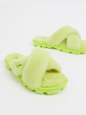 Ugg Fuzette Cross Strap Fluffy Slippers In Neon Green