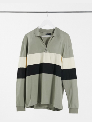 Asos Design Relaxed Long Sleeve Polo Shirt With Contrast Panels In Khaki