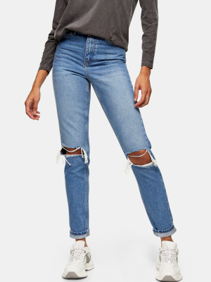 Mid Blue Double Ripped Mom Tapered Jeans