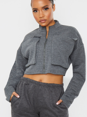 Grey Quilted Oversized Pocket Zip Up Sweatshirt