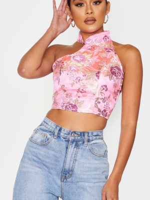 Light Pink Satin High Neck Asymmetric Crop Top