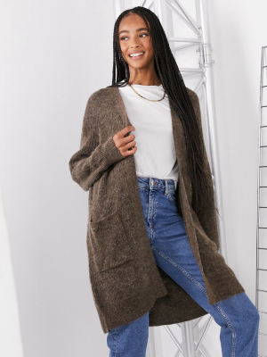 Selected Femme Long Cardigan In Brushed Knit In Brown