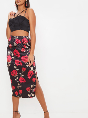 Black Rose Print Satin Side Split Midi Skirt