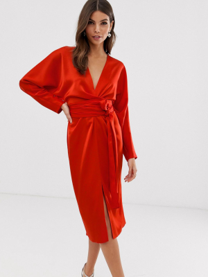 Asos Design Satin Midi Dress With Batwing Sleeve And Wrap Waist In Red