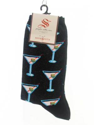 Novelty Socks 9.0" Drinks After Work Black Cotton Crew Martini Glass Olive Socksmith - Socks