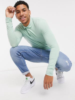 Asos Design Organic Long Sleeve Muscle Fit Jersey Polo In Green