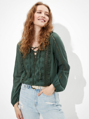 Ae Embroidered Lace Up Blouse