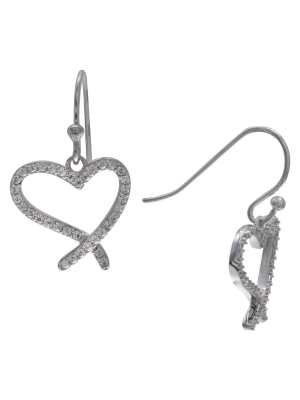 Women's Heart Drop Earrings With Clear Pave Cubic Zirconia In Sterling Silver - Clear/gray (25mm)