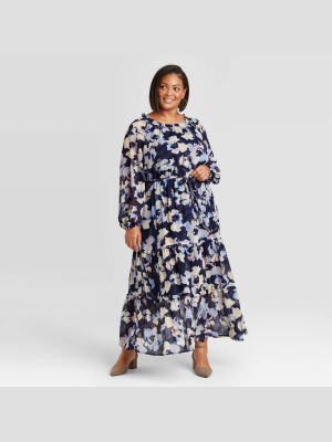 Women's Plus Size Floral Print Long Sleeve Tiered Dress - Ava & Viv™