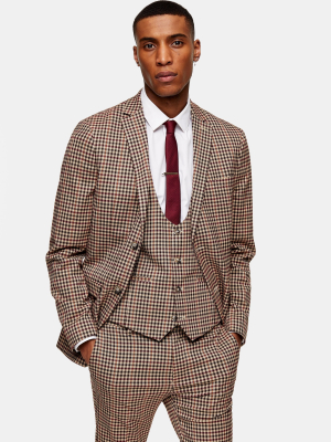 3 Piece Brown Gingham Check Skinny Fit Suit With Notch Lapels