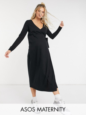 Asos Design Maternity Super Soft Midi Wrap Dress In Black