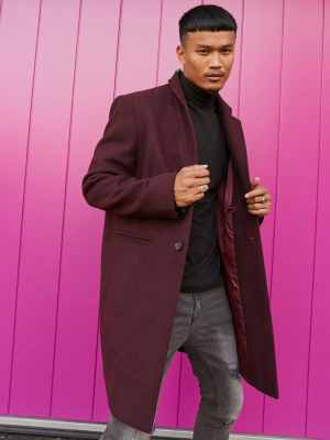 Asos Design Wool Mix Overcoat With Inverted Lapel In Port