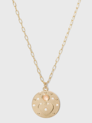 Heart Medallion With Semi Precious Stone Chain Necklace - Gold