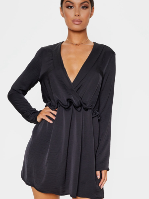 Black Hammered Satin Ruched Waist Shift Dress