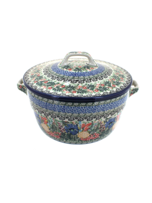 Blue Rose Polish Pottery Summer Blooms Round Baker With Lid