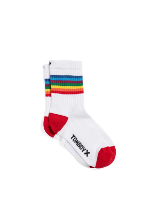 Anklet Crew Sock - White With Rainbow