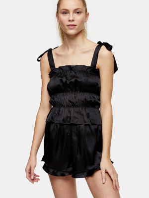 Black Satin Ruched Cami Pajama Set