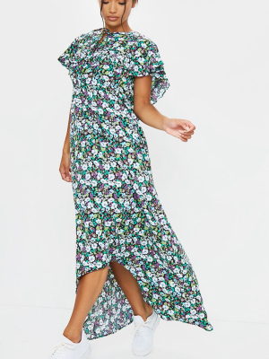 Black Ditsy Floral Print Tie Neck Ruffle Maxi...