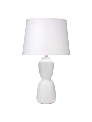 Corset Table Lamp In White Ceramic With Large Cone Shade In White Linen