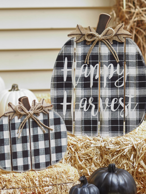 Lakeside Happy Harvest Plaid Pumpkin Wood Decorations With Easel Back - Set Of 2