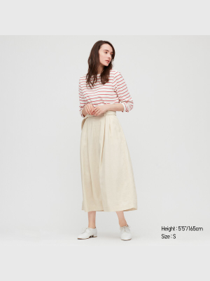 Women Belted Linen Rayon Long Skirt
