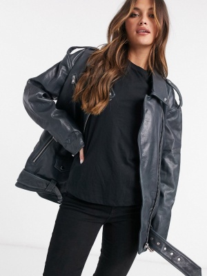 Asos Design Oversized Washed Leather Biker Jacket In Black