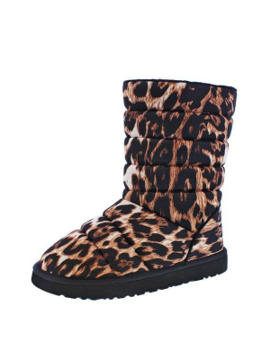 Judy287 White Leopard Quilted Pull On Lug Sole Boot