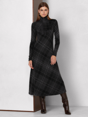 Plaid Cashmere Knit Tie-neck Dress