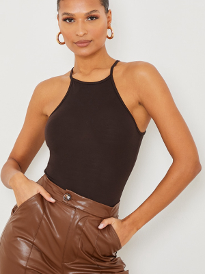 Basic Chocolate Racer Neck Thong Bodysuit