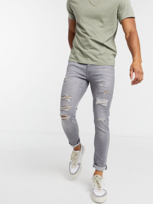 Jack & Jones Intelligence Liam Skinny Fit Ripped Jeans In Light Gray