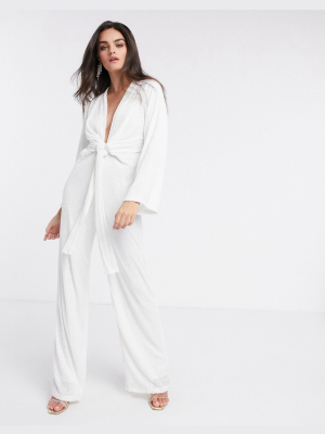 Pretty Lavish Plunge Tie Waist Sequin Jumpsuit In White