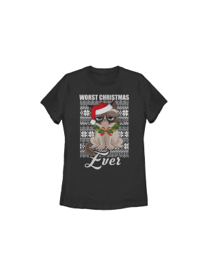 Women's Grumpy Cat Ugly Christmas Worst Ever T-shirt