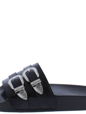 Matty122 Black Dual Buckle Strap Open Toe Mule Slide Sandal