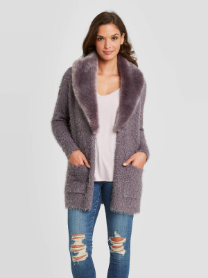 Women's Cardigan With Removable Faux Fur Collar - Knox Rose™ Gray