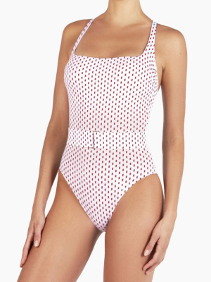 Cassandra Belted One Piece Swimsuit - Disty Dot Red Print