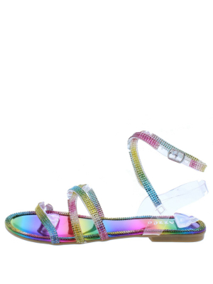 Feana01 Rainbow Rhinestone Strappy Open Toe Flat Sandal