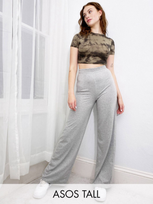 Asos Design Tall Casual Jersey Wide Leg Pant In Gray Marl