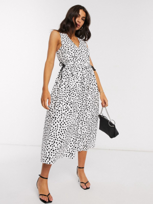 Asos Design Cotton Poplin Wrap Smock Midi Dress With Drawstring Waist In Mono Splodge Print