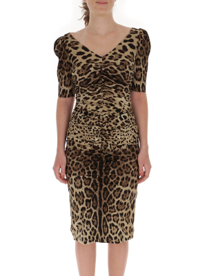 Dolce & Gabbana Leopard Print Ruched Midi Dress