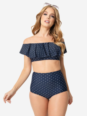 Unique Vintage Navy & White Pin Dot High Waist Louise Swim Bottoms