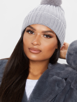 Grey Rib Knit Pom Pom Beanie Hat