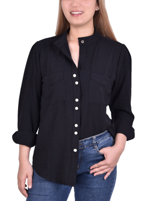 Ny Collection Long Sleeve Button Mandarin Collar Blouse